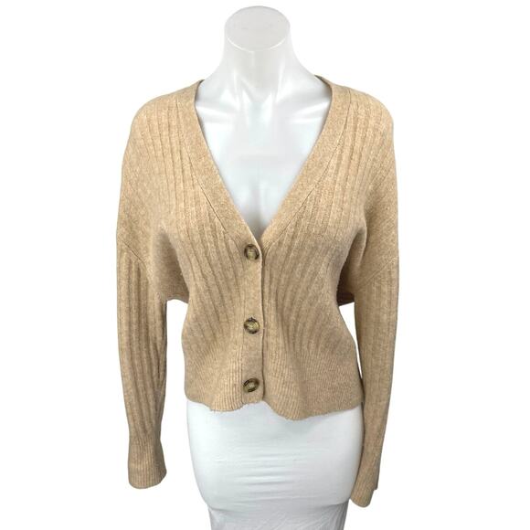 Zara Beige Wool Long Sleeve Ribbed Knit Button Down Cardigan Sweater Top Size S - Picture 1 of 4